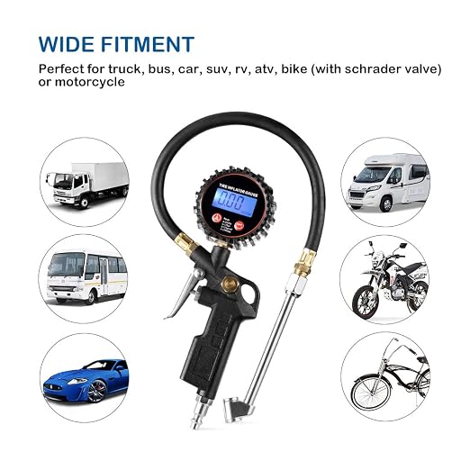 CZC AUTO Digital Tire Inflator Pressure Gauge, LED Display Tyre Deflator Gage with Dual Head Chuck Rubber Hose MNPT Fitting, Compatible with Air Pump Compressor for Truck RV Car Motorcycle Bike Bus