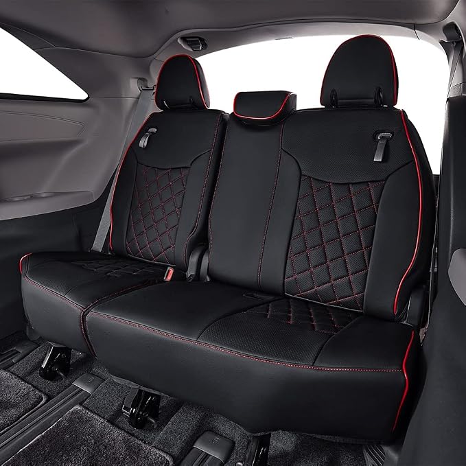 EKR Sienna Seat Covers for 2021-2026 Toyota Sienna LE, XLE,8 Seats,2nd Row 4/2/4 Split,Waterproof Seat Covers Full Set for Trucks-Three Row,Leather(Black with Red Piping)