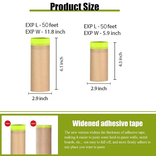 Tape and Drape, 12” x 50 feet Masking Paper for Painting, Pre-Taped Masking Paper with Adhesive, Paint Tape, Car Protection Covering Paper for Car and Furniture, Floor (1 Pack)