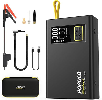POPULO Car Jump Starter with Air Compressor, 12V 59.2Wh Portable Booster Pack Box with 150PSI Digital Tire Inflator, Extended Smart Clamps, 3000A 4-in-1 Auto Battery Starter (All Gas/12L Diesel)