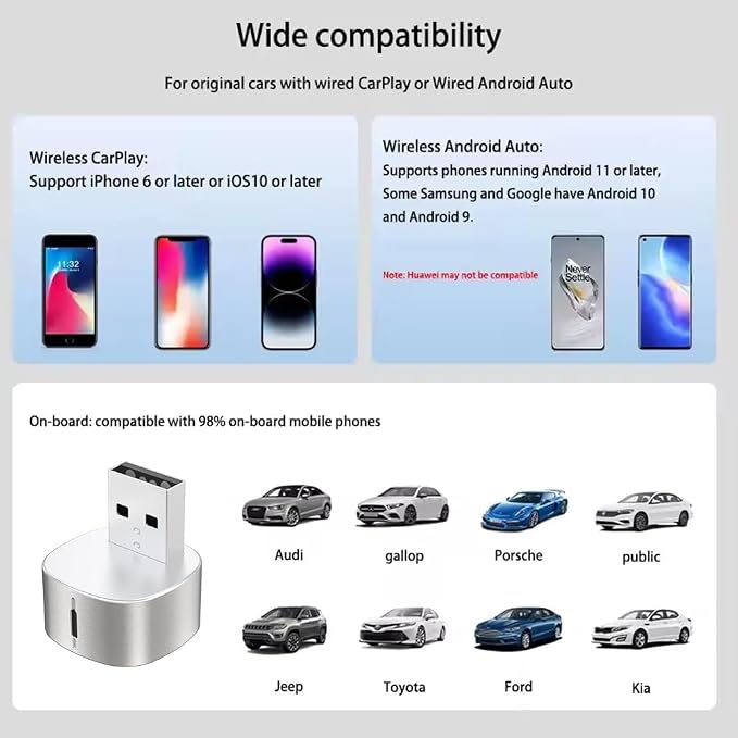 2-in-1 Wireless CarPlay Adapter for iPhone ＆ Wireless Android auto Adapter, Plug and Play USB/USB C Connection, Apple Car Play Wireless Adapter for iOS/Android