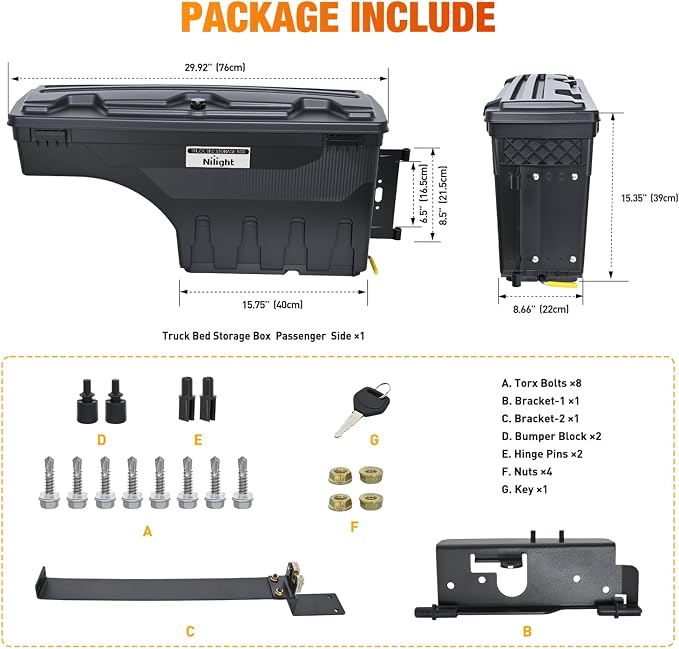 Nilight Truck Bed Tool Box Passenger Side Truck Tool Box Fit for Dodge Ram 1500 2500 3500 2002-2018 ABS Swing Case Truck Bed Storage Box w Lockable Lid Waterproof Wheel Well Toolbox, without Rambox