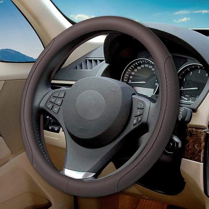 Microfiber Leather Steering Wheel Cover with Classic Embossing, Anti-Slip Breathable Auto Car Wheel Protector, 15 Inch, Coffee