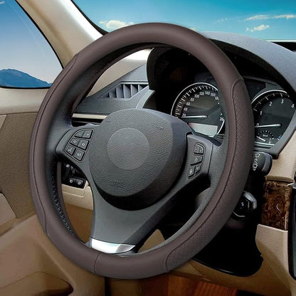 Microfiber Leather Steering Wheel Cover with Classic Embossing, Anti-Slip Breathable Auto Car Wheel Protector, 15 Inch, Coffee