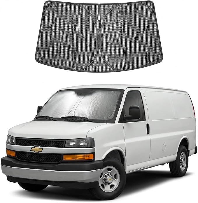 Proadsy Windshield Sun Shade Custom Fit Chevrolet Chevy Express 1996-2026 Ice Crystal Black Front Window Sunshade UV and Heat Blocker Foldable Visor Keeps Car Cooler for Summer Parking and Daily Use