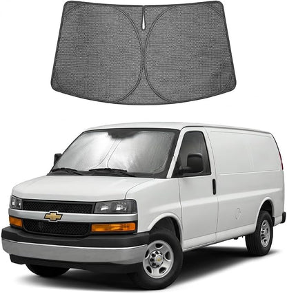 Proadsy Windshield Sun Shade Custom Fit Chevrolet Chevy Express 1996-2026 Ice Crystal Black Front Window Sunshade UV and Heat Blocker Foldable Visor Keeps Car Cooler for Summer Parking and Daily Use