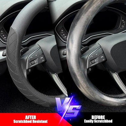 LKWLIKEI Nappa Leather Steering Wheel Cover, Elegant Diamond Checkered Design, Non-Slip wear-Resistant, Enhance Driving Comfort, Suitable for Steering Wheel Diameter 14 1/2‘-15’ Models.Black