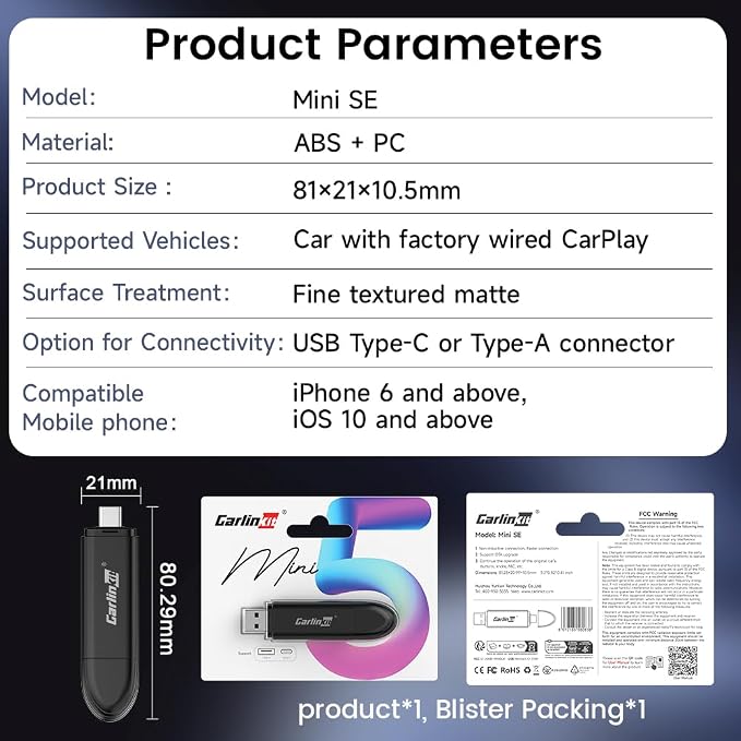 Carlinkit CarPlay Wireless Adapter MiNi SE 2026 - Auto Connect Online Update for iPhone, Apple CarPlay Wireless Adapter Convert OEM Wired CarPlay Cars, Plug & Play Dongle