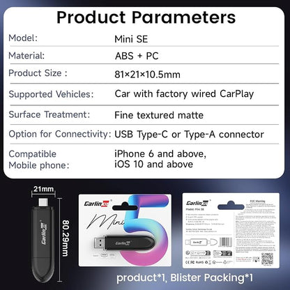 Carlinkit CarPlay Wireless Adapter MiNi SE 2026 - Auto Connect Online Update for iPhone, Apple CarPlay Wireless Adapter Convert OEM Wired CarPlay Cars, Plug & Play Dongle