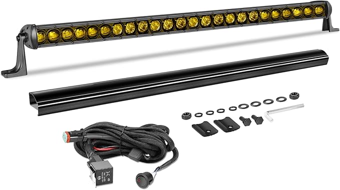30 Inch Amber Light Bar Kit, AKD Part OSRAM LED 168W Single Row Light Bar w/Wiring Harness Black Cover Spot Flood Combo Slim Bumper Roof Grille Yellow LED Lights for Trucks SUV UTV RZR Toyota Chevy