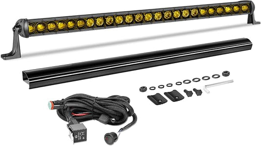 30 Inch Amber Light Bar Kit, AKD Part OSRAM LED 168W Single Row Light Bar w/Wiring Harness Black Cover Spot Flood Combo Slim Bumper Roof Grille Yellow LED Lights for Trucks SUV UTV RZR Toyota Chevy