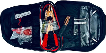 12-Piece Roadside Emergency Tool and Auto Kit with Jumper Cables, Warning Triangle, Gas Siphon, Mylar Blanket, Bungee Cords, Glow Sticks, Gloves, Flashlight, Tire Gauge, Carrying Case