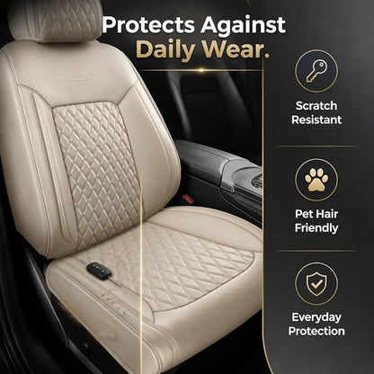 Beige Car Seat Covers Set of 2,Universal Precision Fit Contoured Thick Nappa Leather Full Coverage Seat Protector, Stain Resistant & Non-Slip Automotive Cushion for Most Sedans, SUVs and Trucks Style1