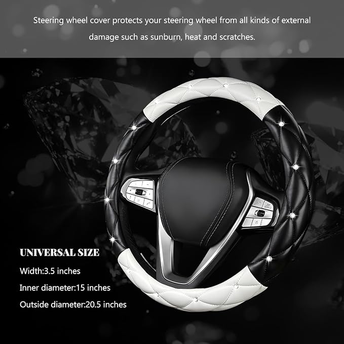 Bling Car Steering Wheel Cover, 15 Inch Diamond Leather Anti-Slip Auto Steering Wheel Protector, Cute Sparkly Rhinestones Wheels Cover Automotive Decoration for Women Girl (Black & White)