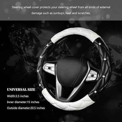 Bling Car Steering Wheel Cover, 15 Inch Diamond Leather Anti-Slip Auto Steering Wheel Protector, Cute Sparkly Rhinestones Wheels Cover Automotive Decoration for Women Girl (Black & White)