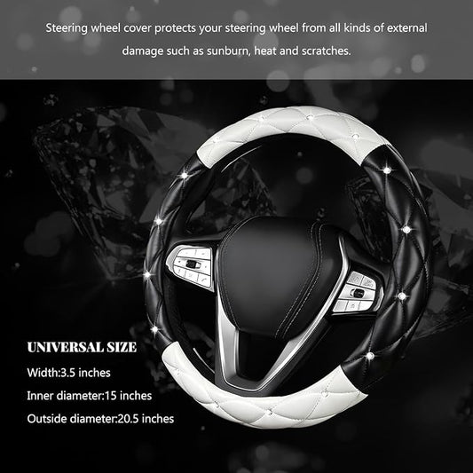 Bling Car Steering Wheel Cover, 15 Inch Diamond Leather Anti-Slip Auto Steering Wheel Protector, Cute Sparkly Rhinestones Wheels Cover Automotive Decoration for Women Girl (Black & White)