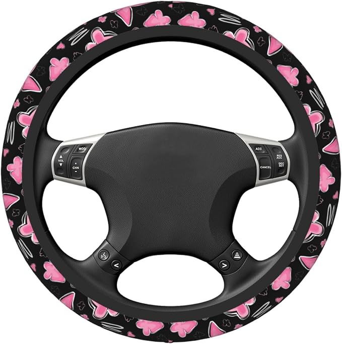 Pink Butterfly Steering Wheel Cover for Women, Universal Auto Steering Wheel 14-15 Inch Car Interior Accessories with 2PCS Car Coasters, Suitable for Men and Women