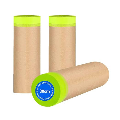 Tape and Drape, 12” x 150 feet Masking Paper for Painting, Pre-Taped Masking Paper with Adhesive, Paint Tape, Car Protection Covering Paper for Car and Furniture, Floor (3 Pack)