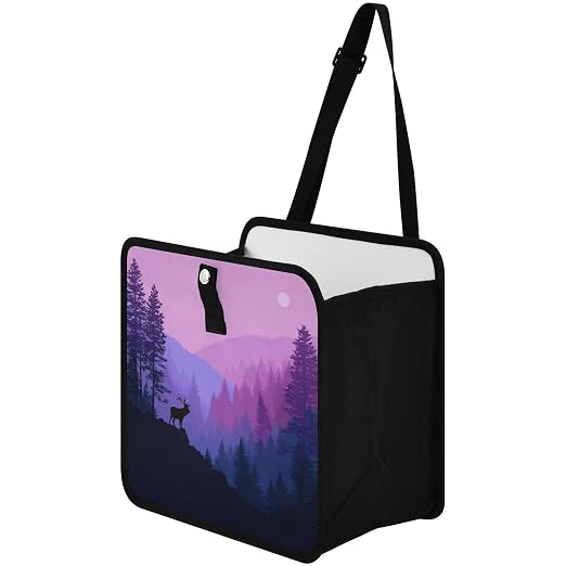 Car Trash Can Organizer Bin with Adjustable Strap for Back Front Seat Console Waterproof Leakproof Collapsible Portable 8.66 Inch Purple Stag Mountains and Forest