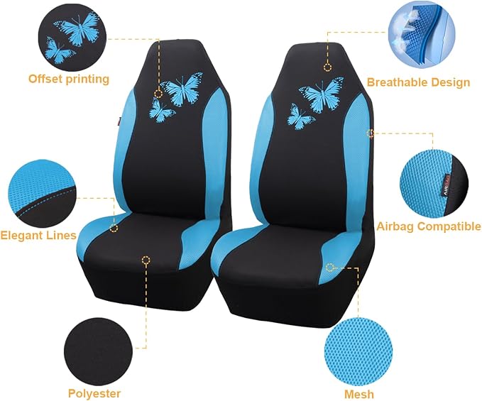 Flying Banner Butterfly car seat Covers ful Set Fashion Universal Lady Woman Female Rear Bench Split Colorized (2 Fronts, Mint Blue)
