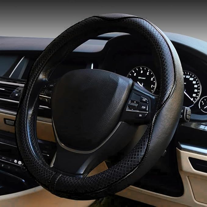 ESEWALAS Universal Car Steering Wheel Cover,Anti-Slip Leather Steering Wheel Cover,Sports Style Steering Wheel Protector,Car Interior Accessories Auto Steering Wheel Covers (Black)