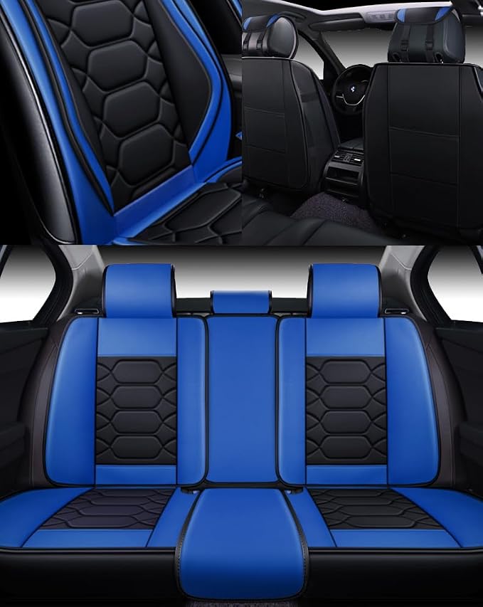 OASIS AUTO Car Seat Covers Full Set, Sporty Faux Leather with Honeycomb Pattern, Waterproof Universal Fit for SUV, Sedan, Pick-up Truck, Automotive Interior Accessories (OS-004 Black&Blue)