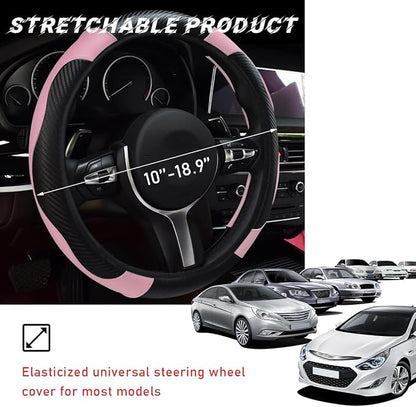 povtii Car Steering Wheel Cover, 15 Inch Leather Breathable Auto Steering Wheel Protector, Comfortable Non-Slip Vehicle Steering Wheel Covers, Universal Interior Car Accessories (Black+Pink)