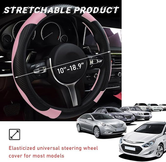 povtii Car Steering Wheel Cover, 15 Inch Leather Breathable Auto Steering Wheel Protector, Comfortable Non-Slip Vehicle Steering Wheel Covers, Universal Interior Car Accessories (Black+Pink)