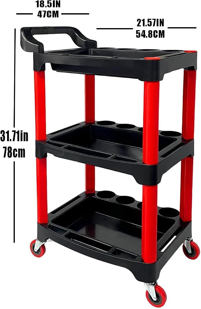 Auto Detailing Cart with Wheels, 3 Tier Rolling Detail Cart, Car Wash Organizer for Detailers Garage, Workshop, Repair Shop, Storage Tool