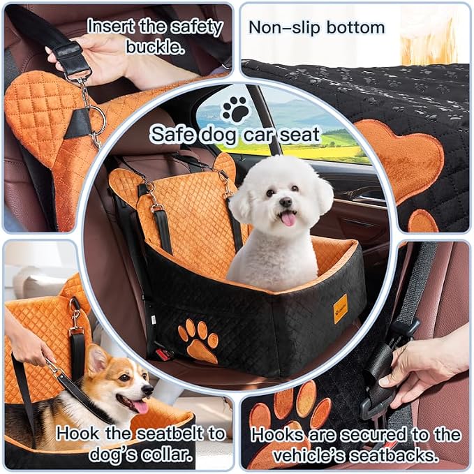 Dog car Seats for Small/Medium Dogs up to 33lbs- Washable, Waterproof, Dog Booster & car Seats with 2 Easy-Install Safety Belts, Non-Slip Base & Storage Pocket(Brown Black).