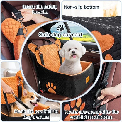 Dog car Seats for Small/Medium Dogs up to 33lbs- Washable, Waterproof, Dog Booster & car Seats with 2 Easy-Install Safety Belts, Non-Slip Base & Storage Pocket(Brown Black).