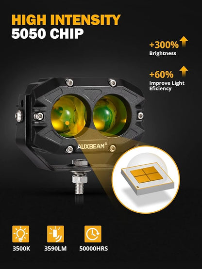 Auxbeam 4 Inch Amber Fog Lights, 60W Square Pod with 5050 LED Yellow Spot Lens Beam Offroad Driving Light with Wiring Harness for Jeep Motorcycle SUV Trucks Boat (2 Pcs)