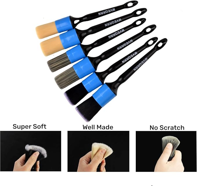 MVEQRRN 6pcs Car Detailing Brush Set-2pcs Boars Hair Car Detailing Brushes,2pcs Ultra Soft No Scratch Detailing Brush for Air Vent,Leather Seat 2pcs Detail Brushes for Interior Exterior(Blue)