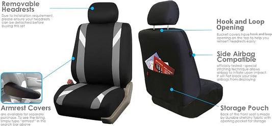 FH Group Front Set Cloth Car Seat Covers for Low Back Seats with Removable Headrest, Universal Fit, Airbag Compatible Seat Cover for SUV, Sedan, Van, Gray