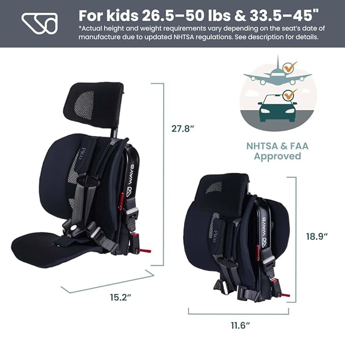 WAYB Pico Travel Car Seat with Premium Carrying Bag- Lightweight, Portable, Foldable - Perfect for Airplanes, Rideshares, and Road Trips - Forward Facing for Kids 26.5–50 lbs and 33.5–45"