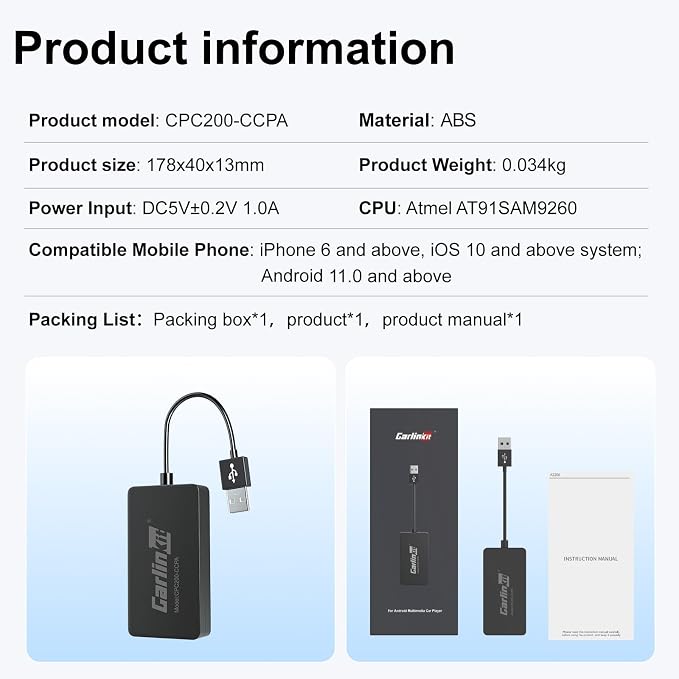 Carlinkit CCPA Wireless CarPlay & Android Auto Adapter, Only for Car with Android Head Unit 4.4.2+, 5.8GHz Dongle with Built-in APK App, Support Wireless Connect & Screen Mirroring, OTA Upgrade