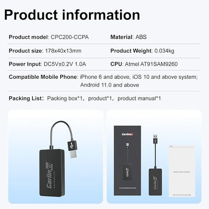 Carlinkit CCPA Wireless CarPlay & Android Auto Adapter, Only for Car with Android Head Unit 4.4.2+, 5.8GHz Dongle with Built-in APK App, Support Wireless Connect & Screen Mirroring, OTA Upgrade