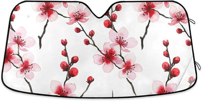 Cars Front Sun Shade Windshield,Foldable Reflective Sun Visor Cherry Blossoms Pink Red Windshield Sunshade Cover,Blocks UV Ray Sun Protect Interior Keep Cool,53" x 23.5 "