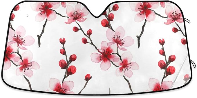 Cars Front Sun Shade Windshield,Foldable Reflective Sun Visor Cherry Blossoms Pink Red Windshield Sunshade Cover,Blocks UV Ray Sun Protect Interior Keep Cool,57" x 31.5 "Inches