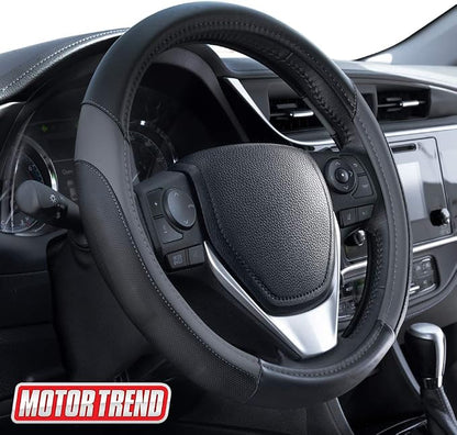Motor Trend SportDrive Faux Leather Steering Wheel Cover, Standard 15 inch Size, Two-Tone Black & Dark Gray, Car Steering Wheel Cover for Truck Van SUV Auto