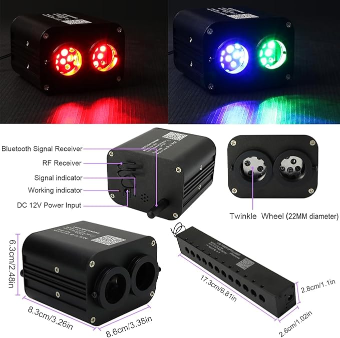 AZIMOM Dual Color 20w Twinkle Fiber Optic Starlight Headliner Kits 900pcs 0.03in 9.8ft, RGB Meteor Shooting Star, Sound Activated Remote APP Control Home Car Ceiling Décor