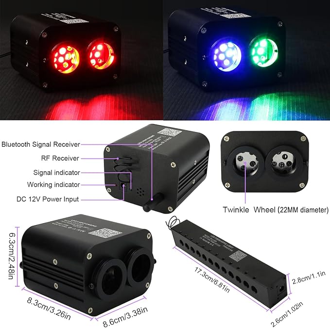 AZIMOM Dual Color 20w Twinkle Fiber Optic Starlight Headliner Kits1000pcs 0.03in 13.1ft, RGB Meteor Shooting Star, Sound Activated Remote APP Control Home Car Ceiling Décor