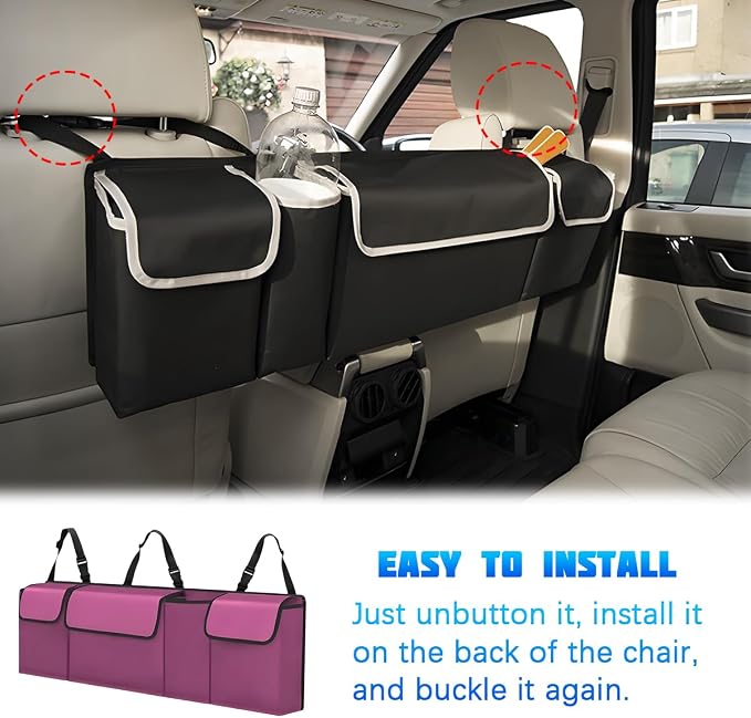 Car Trunk Organizer with Lid, Large Waterproof Vehicle Backseat Hanging Storage Bag with 4 Pockets & Adjustable Straps, Collapsible Automotive Interior Cargo Bag, Universal Fit (Purple)