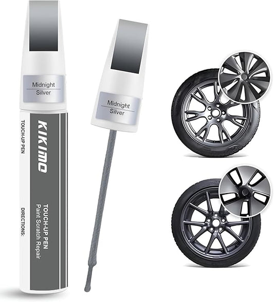 KIKIMO Midnight Silver Rim Touch Up Paint for Tesla Model 3 18'' Aero Wheel/Model S 19'' Tempest Wheel, 2 In 1 Wheel Scratches Repair with Pen Tip and Brush, Color-Matched for Quick & Easy Fix