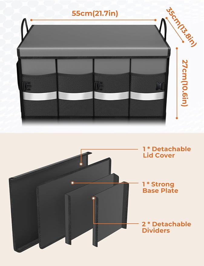 Oasser Car Trunk Organizer Collapsible Multi Compartments SUV Trunk Organizer with Reflective Strip Foldable Cover