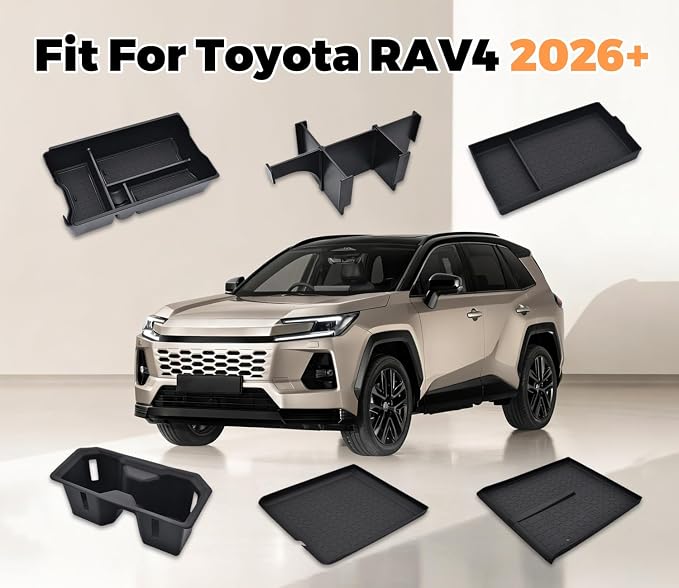 6PCS for Toyota RAV4 2026 Accessories (LE/SE/XLE/Woodland/XSE) 3 PCS Center Console Organizer Sets Wireless Charging Mat Front Center Console Mat and Cup Holder Insert for Toyota RAV4 2026+