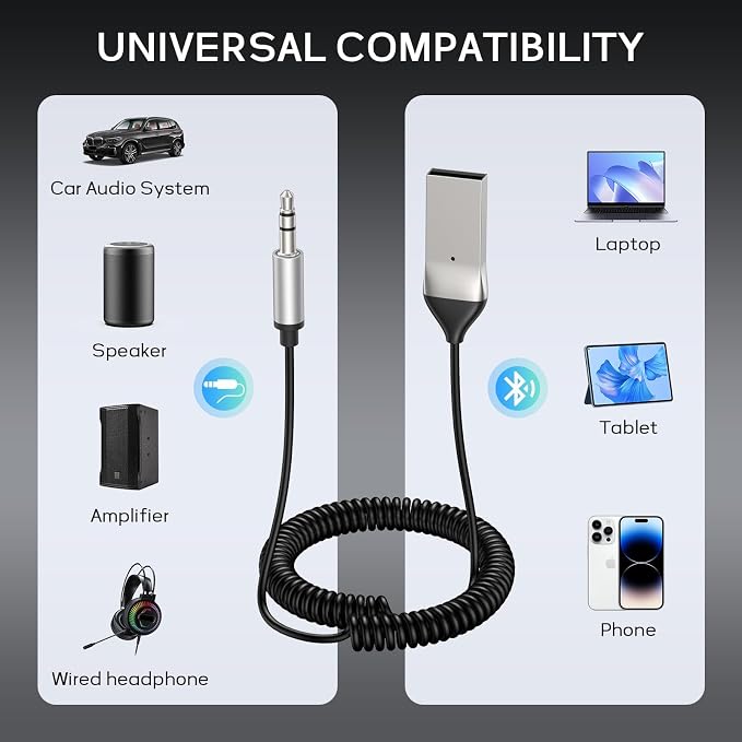 Meliya Aux to Bluetooth 5.3 Adapter for Car, USB 2.0 to 3.5mm Bluetooth Receiver Jack Kit with Built-in Microphone Aux Input for Hands-Free Calls, Car Speaker, Home Audio, Music Streaming