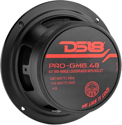 DS18 PRO-GM6.4B Loudspeaker - 6.5", Midrange, Red Aluminum Bullet, 480W Max, 140W RMS, 4 Ohms - Premium Quality Audio Door Speakers for Car or Truck Stereo Sound System (1 Speaker)