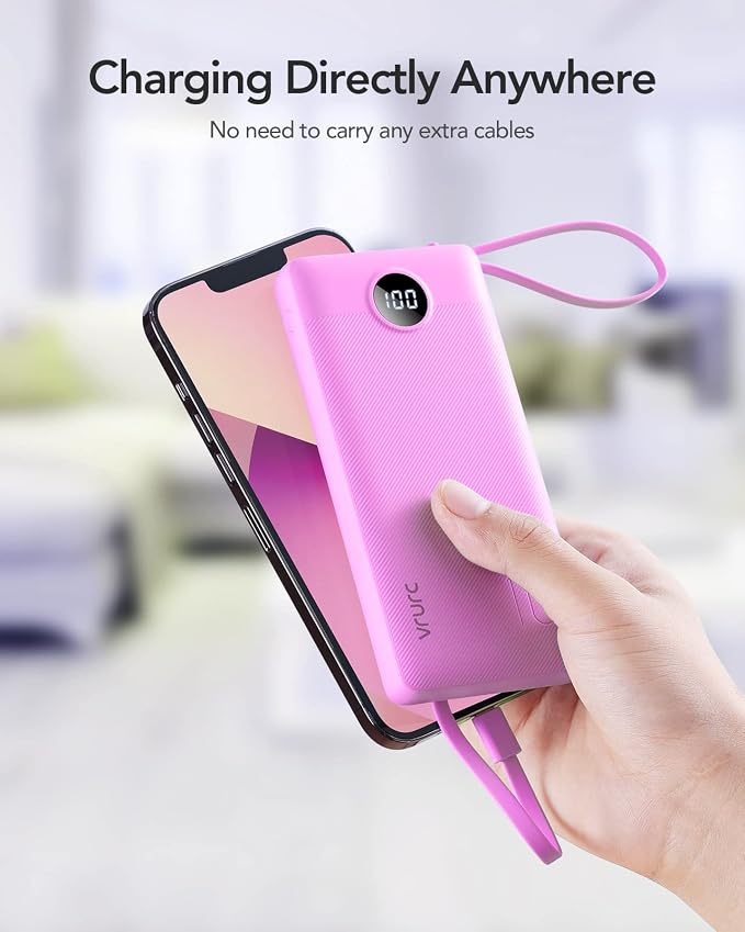 VRURC Portable Charger, Built-in 4 Cables Power Bank 10000mAh, Lightweight USB C Portable Phone Charger, 5 Output 2 Input Compatible with Smart Phones,Samsung,Android etc-Purple(1 Pack)