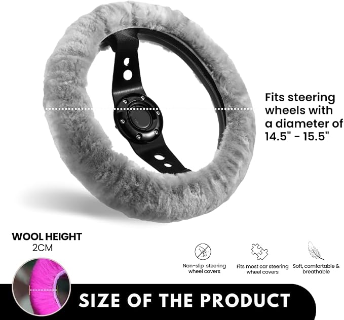Andalus Brands Luxury Fluffy Car Steering Wheel Covers – Genuine Merino Sheepskin, Soft Fuzzy Car Steering Wheel Cover for Women, Universal 14.5-15" Size, Plush Fur Cute Auto Accessories, Gray